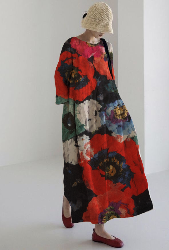 ROSALIA | Artistic midi dress with intense floral print and absolute comfort