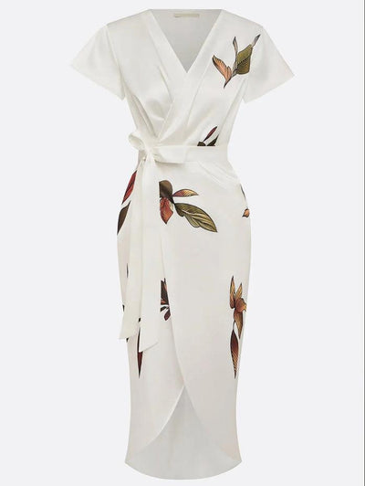 Midi bodycon dress in satin with short sleeves and white leaf pattern