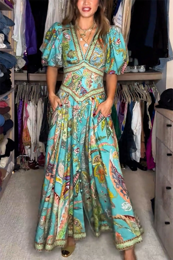 Amelia Quinn | Flowing Long Dress with Puff Sleeves and V-Neck