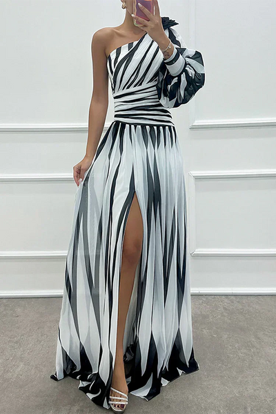 Shiloh - Elegant long striped dress with one shoulder