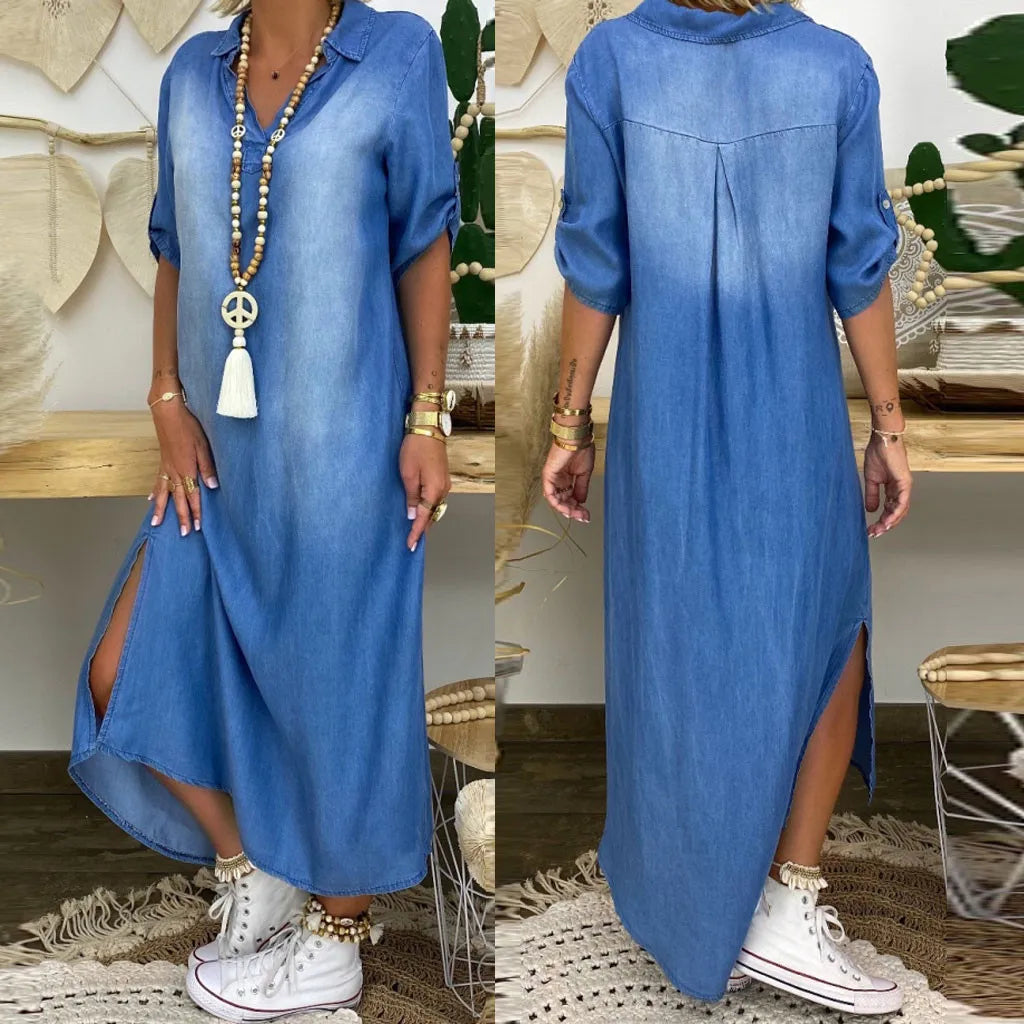 Leviana™ | Long Denim Dress with Side Slits