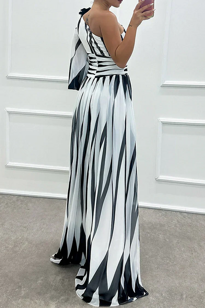 Shiloh - Elegant long striped dress with one shoulder