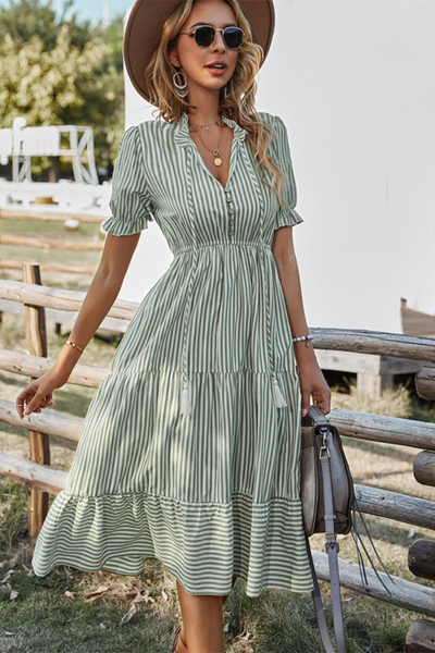 Lucia | Sparkling Style with Striped Midi Dress and Fringes