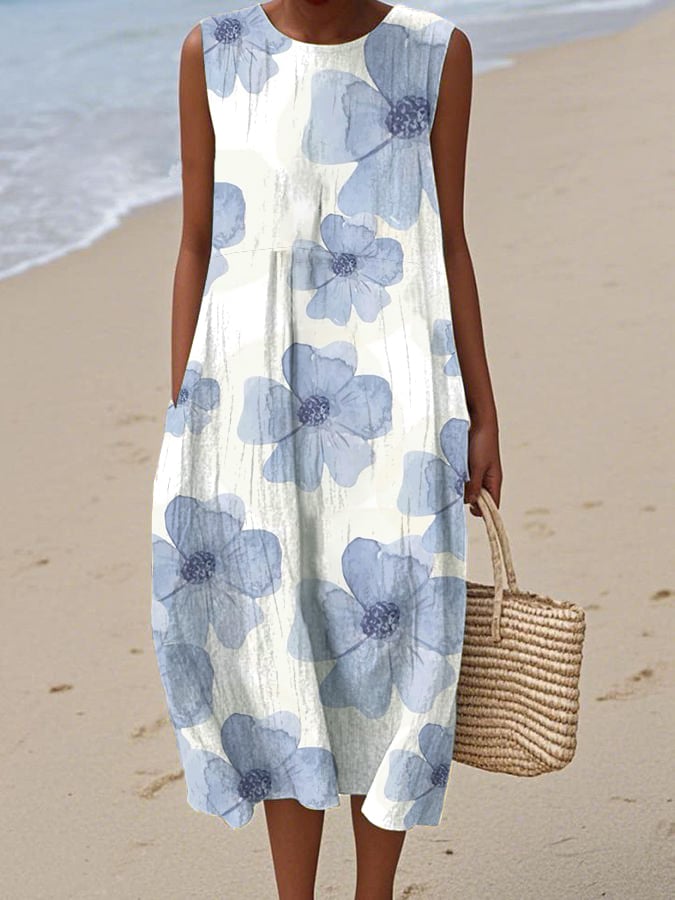 WOMEN'S CASUAL ROUND NECK FLORAL PRINT SLEEVELESS DRESS