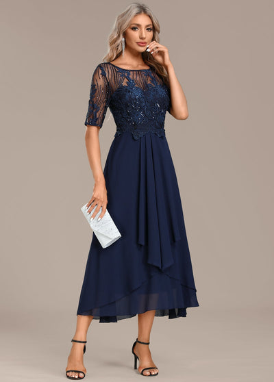 Hazel Navy Lace Short Sleeve Round Neck Dress
