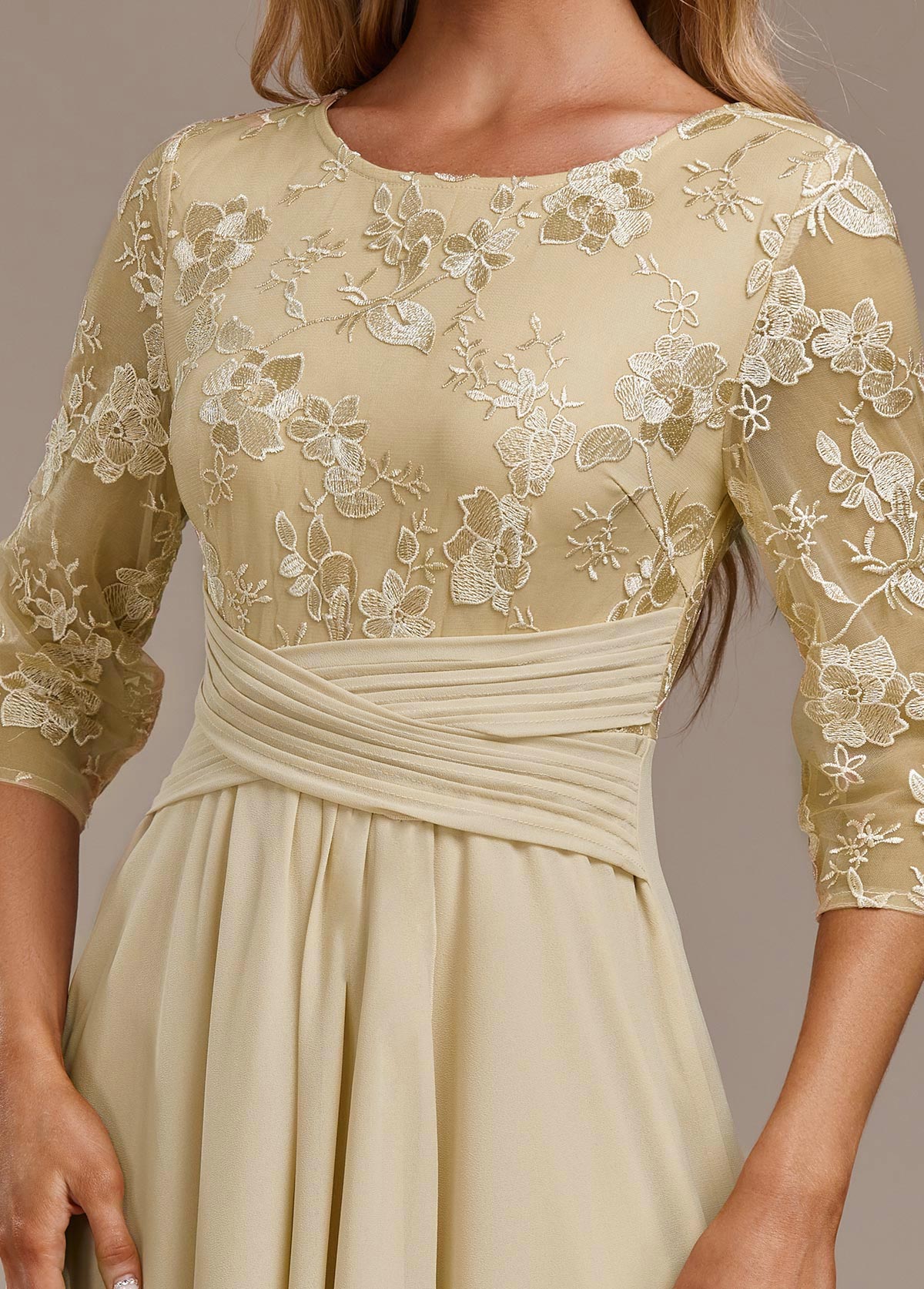 Alisa Champagne Embroidery 3/4 Sleeve Round Neck Dress