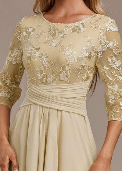 Alisa Champagne Embroidery 3/4 Sleeve Round Neck Dress