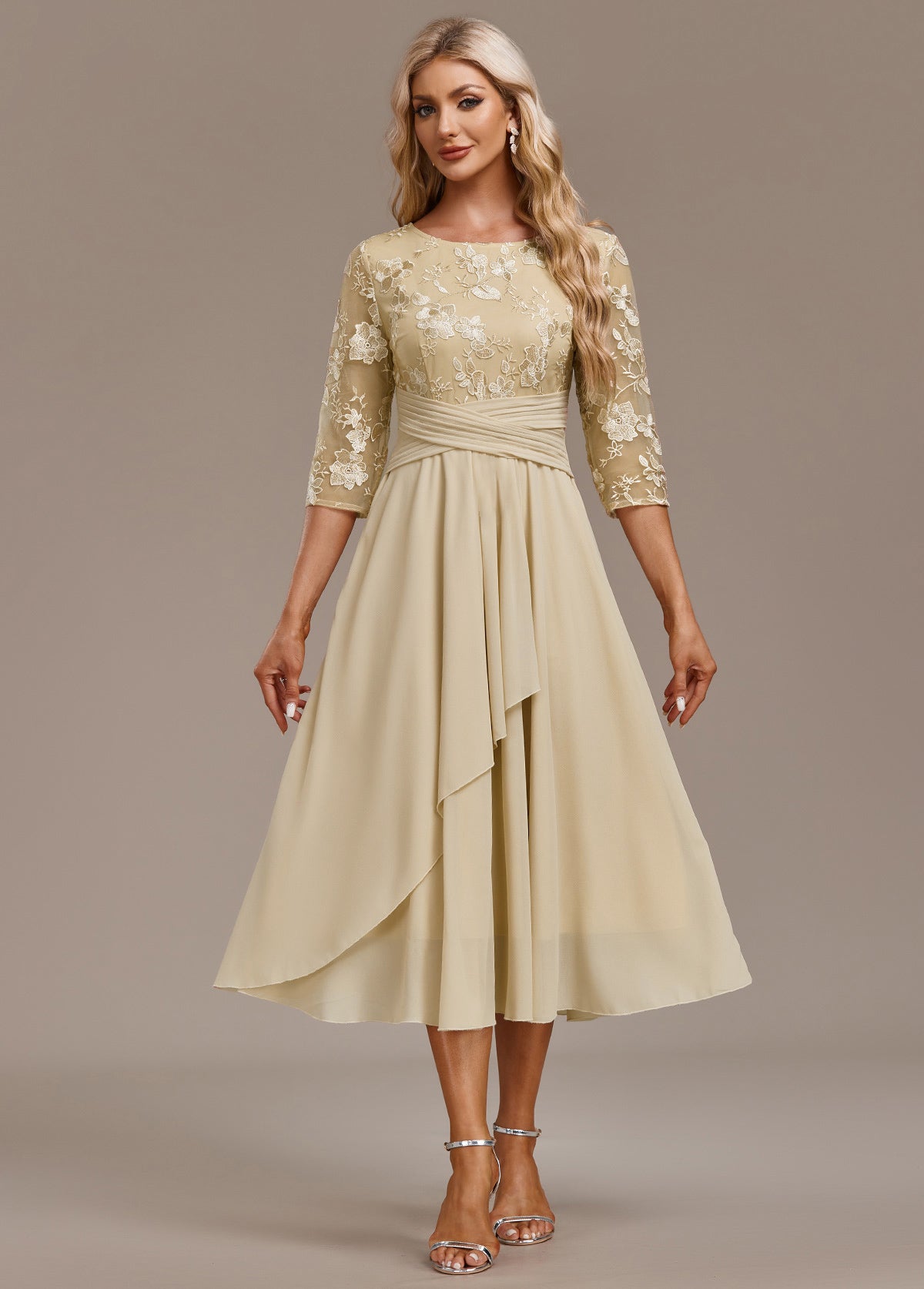 Alisa Champagne Embroidery 3/4 Sleeve Round Neck Dress