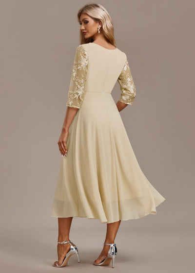 Alisa Champagne Embroidery 3/4 Sleeve Round Neck Dress