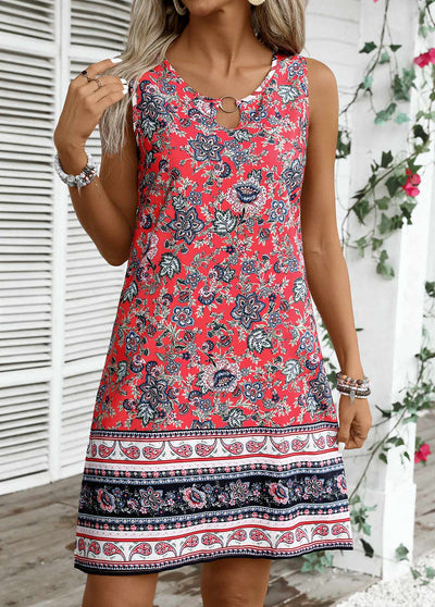 Laiso Coral Circular Ring Tribal Print Sleeveless Round Neck Dress
