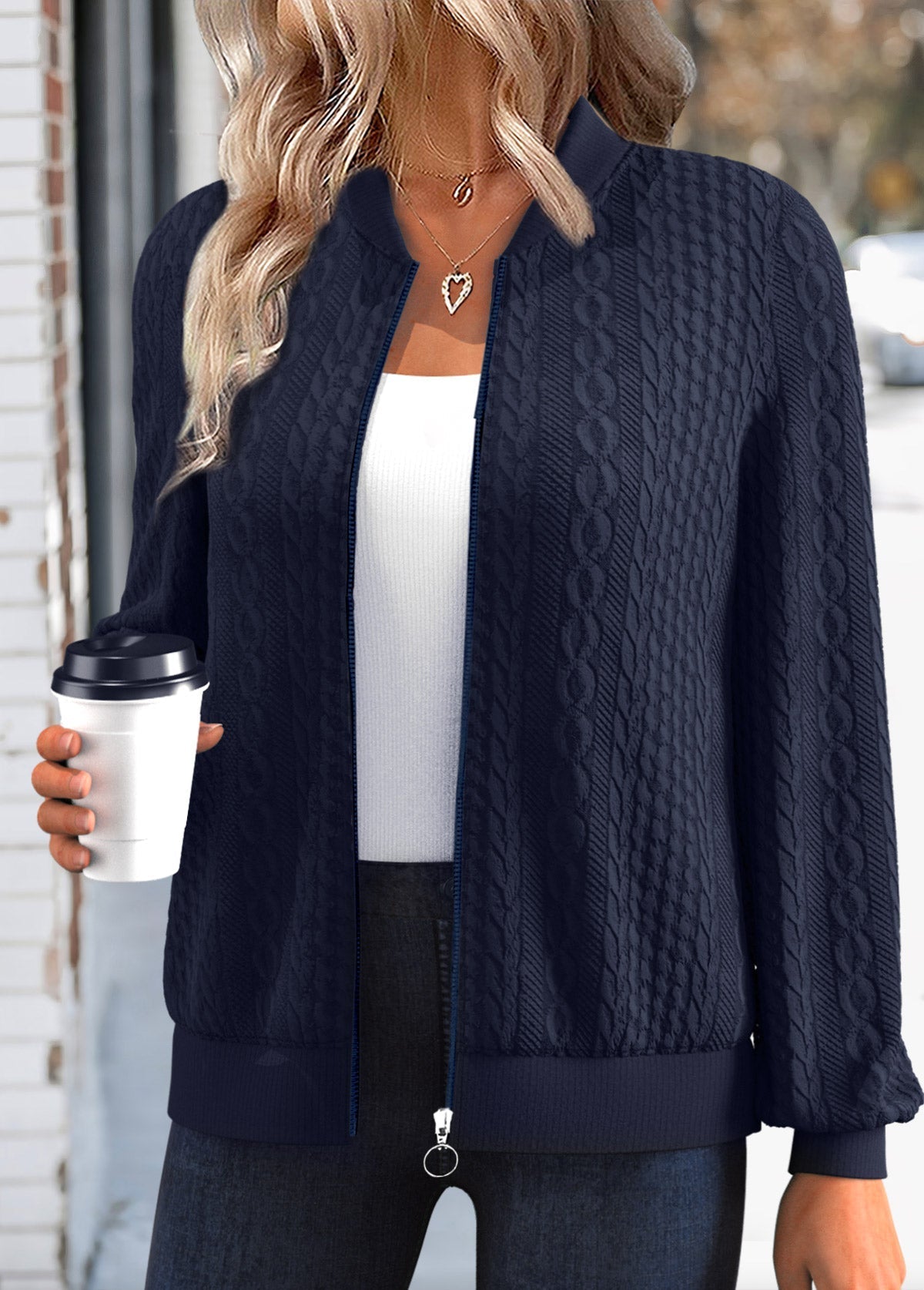 Claire White Jacquard Long Sleeve Stand Collar Track Jacket