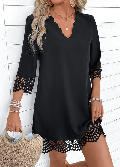 Ayesha Black A Line 3/4 Sleeve V Neck Dress