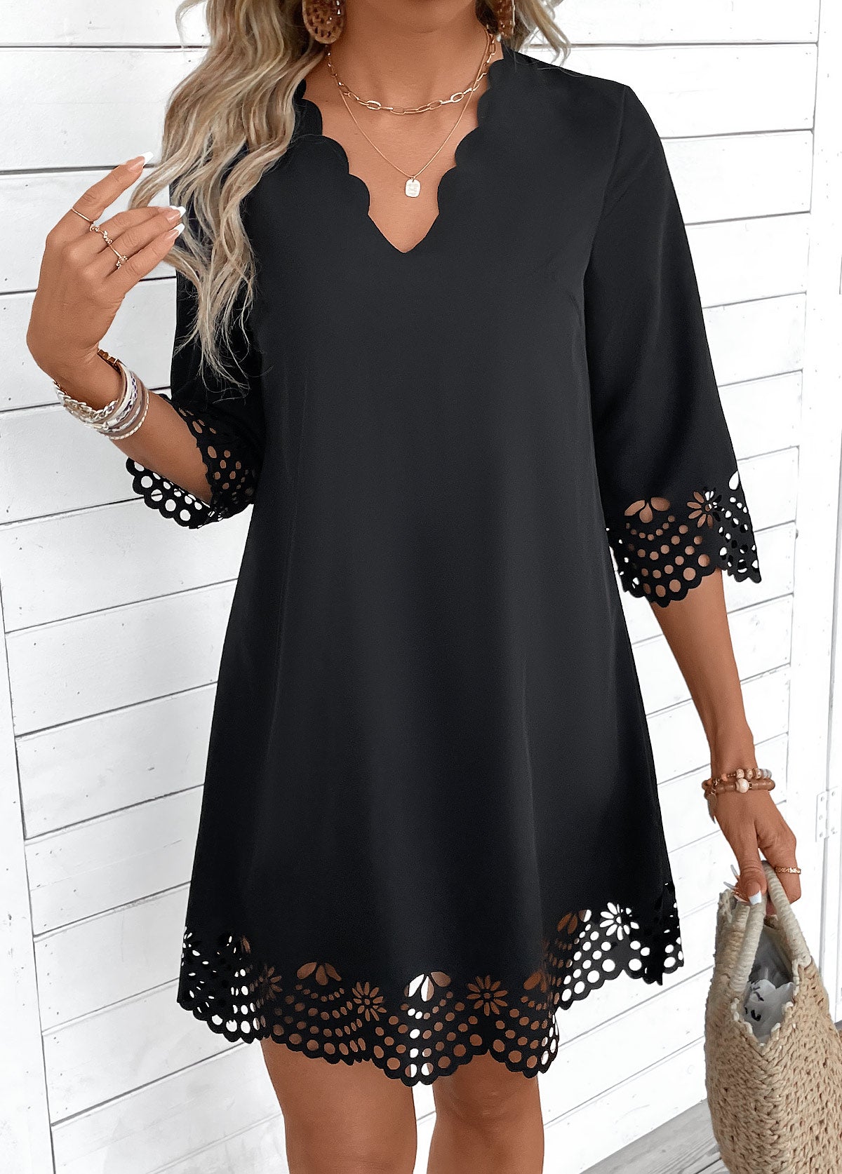 Ayesha Black A Line 3/4 Sleeve V Neck Dress