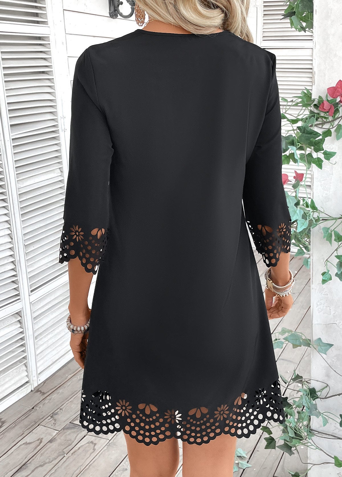 Ayesha Black A Line 3/4 Sleeve V Neck Dress