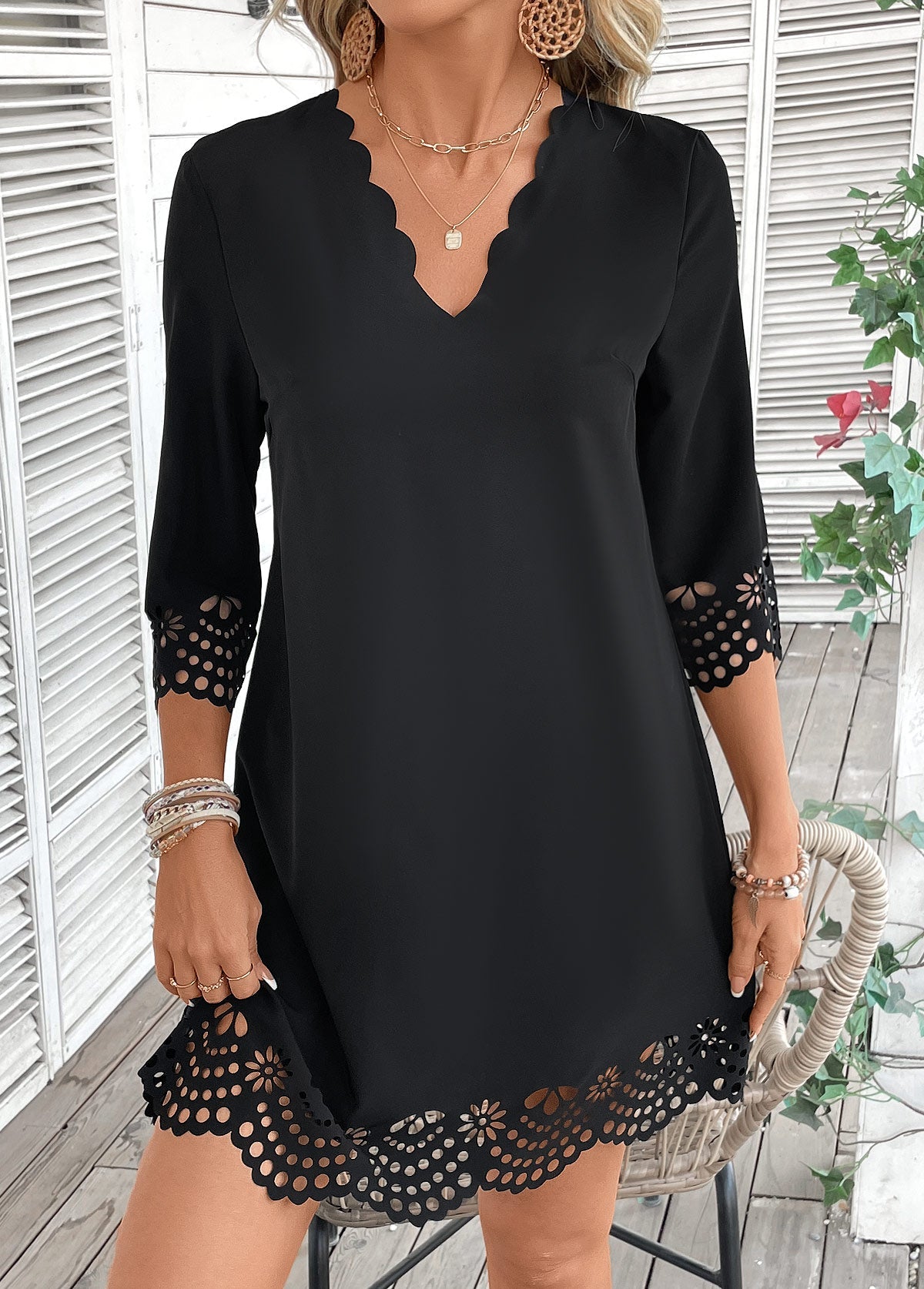 Ayesha Black A Line 3/4 Sleeve V Neck Dress
