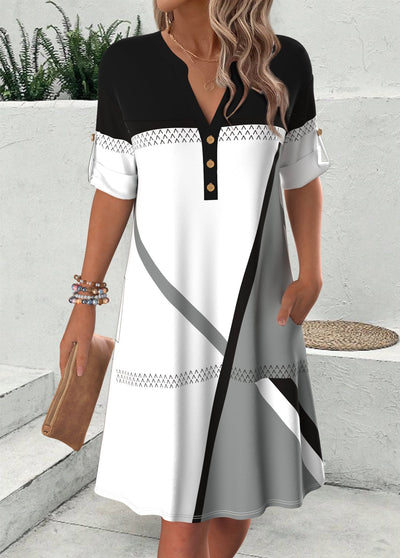 Flaire Multi Color Geometric Print Short Sleeve Split Neck Dress