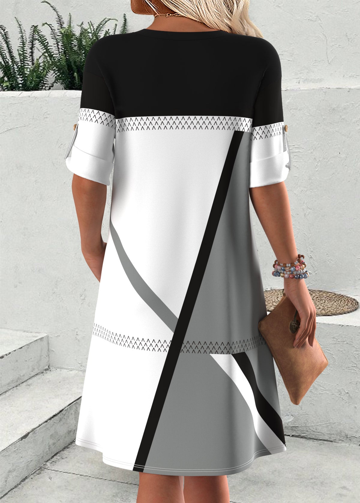 Flaire Multi Color Geometric Print Short Sleeve Split Neck Dress