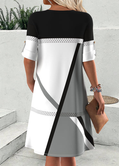 Flaire Multi Color Geometric Print Short Sleeve Split Neck Dress