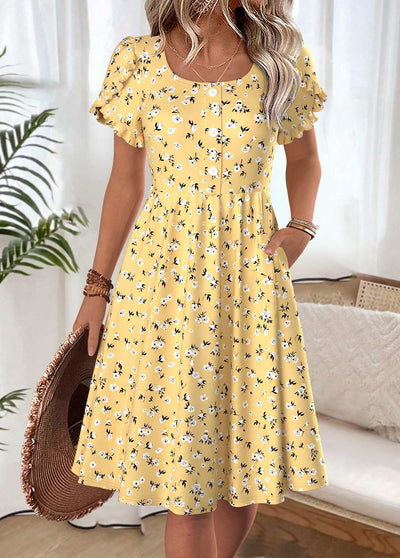 Anabel Yellow Ditsy Floral Print Short Sleeve Boat Neck Dress