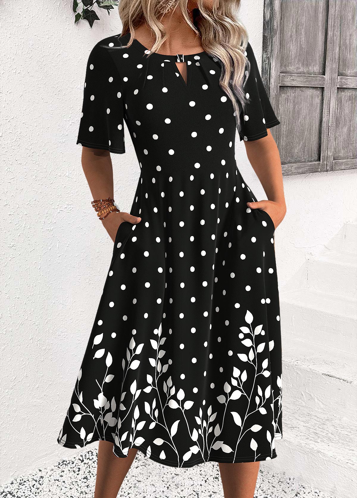 Luna Black Polka Dot Half Sleeve Round Neck Dress