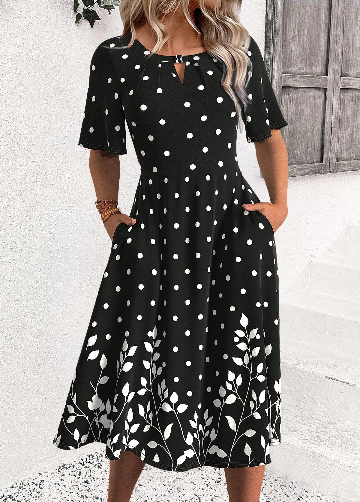 Luna Black Polka Dot Half Sleeve Round Neck Dress