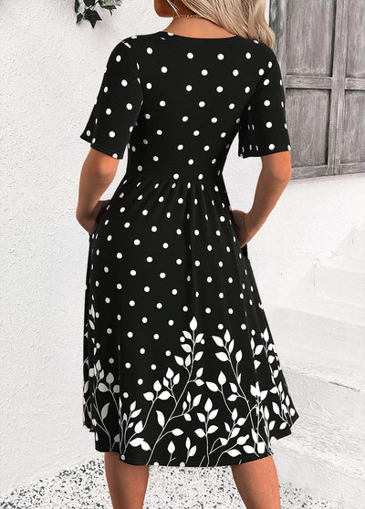 Luna Black Polka Dot Half Sleeve Round Neck Dress