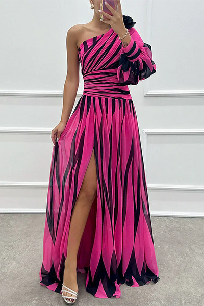 Shiloh - Elegant long striped dress with one shoulder