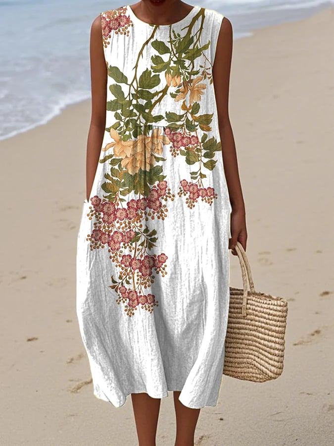 WOMEN'S CASUAL FLORAL PRINTED ROUND NECK SLEEVELESS DRESS