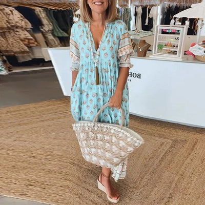 Rue - Casual Printed V-neck Half Sleeve Dress