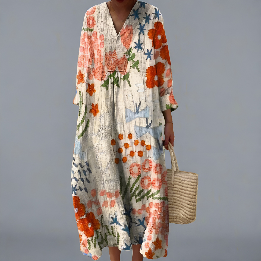 FLOREVIA – BOTANICAL PRINT MIDI DRESS FOR WOMEN