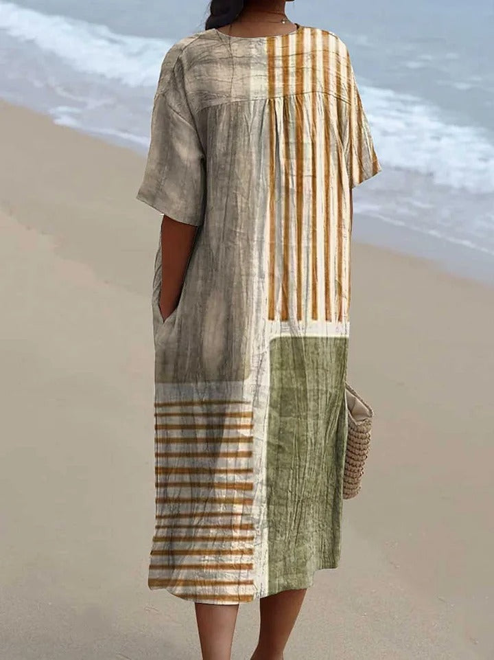 WOMEN'S ABSTRACT GEOMETRIC PATTERN ART PRINT SLEEVELESS POCKET WRAP DRESS