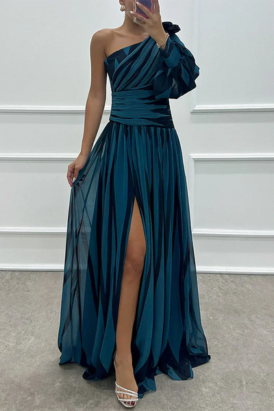 Shiloh - Elegant long striped dress with one shoulder