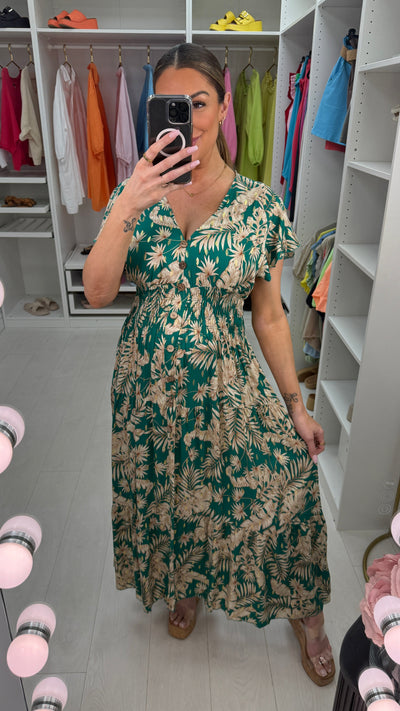 Calypso Frilly Sleeve Leaf Print Dress