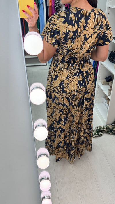 Calypso Frilly Sleeve Leaf Print Dress