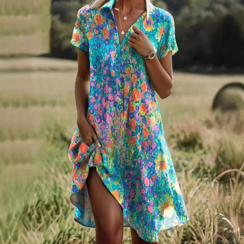 Leviana™ | Floral V-Neck Dress with Elegant Buttoning