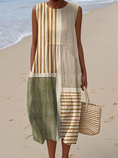 WOMEN'S ABSTRACT GEOMETRIC PATTERN ART PRINT SLEEVELESS POCKET WRAP DRESS