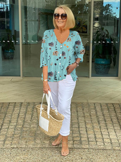 Teresa Elegant Floral Blouse With Button