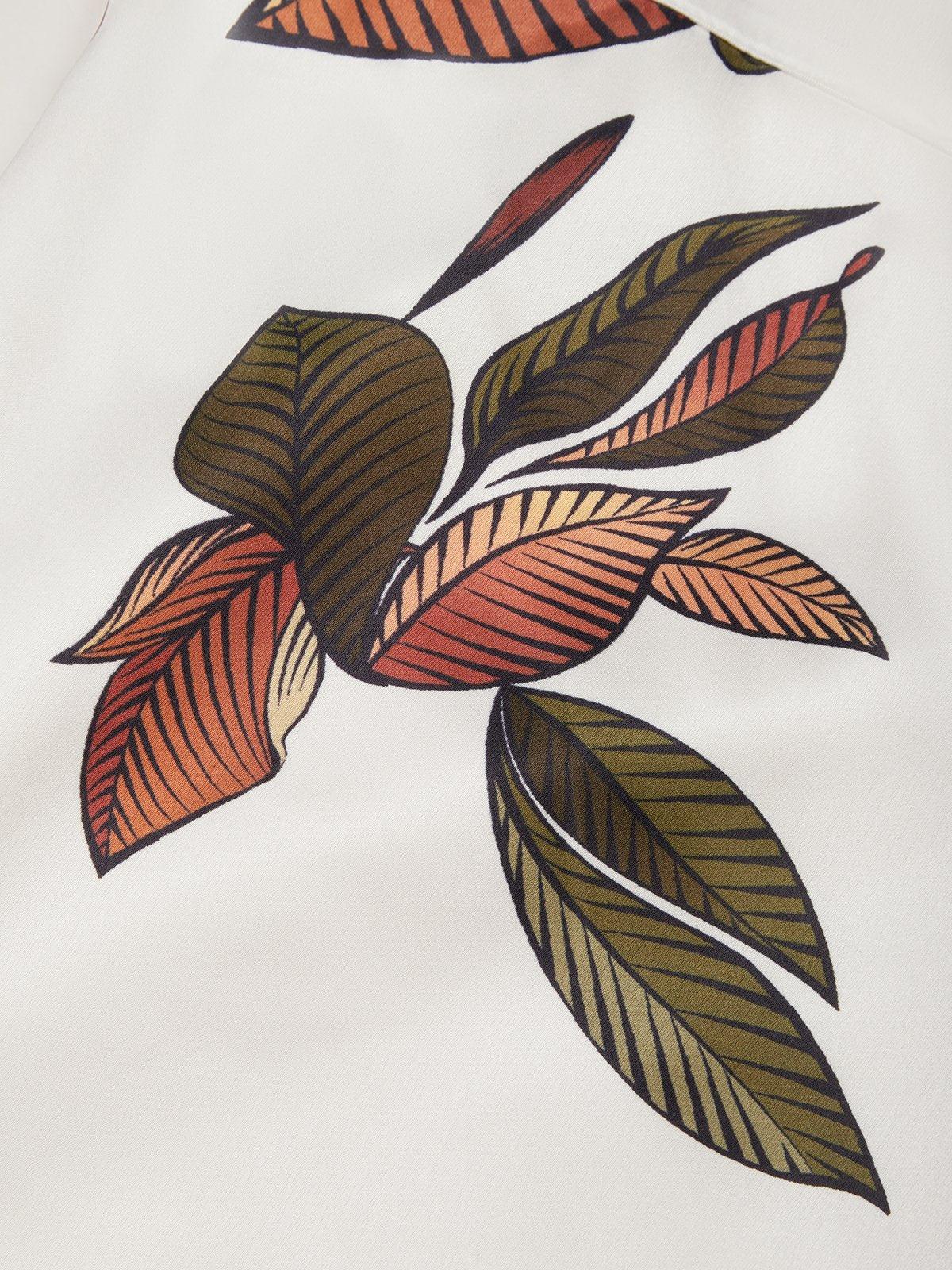 Midi bodycon dress in satin with short sleeves and white leaf pattern