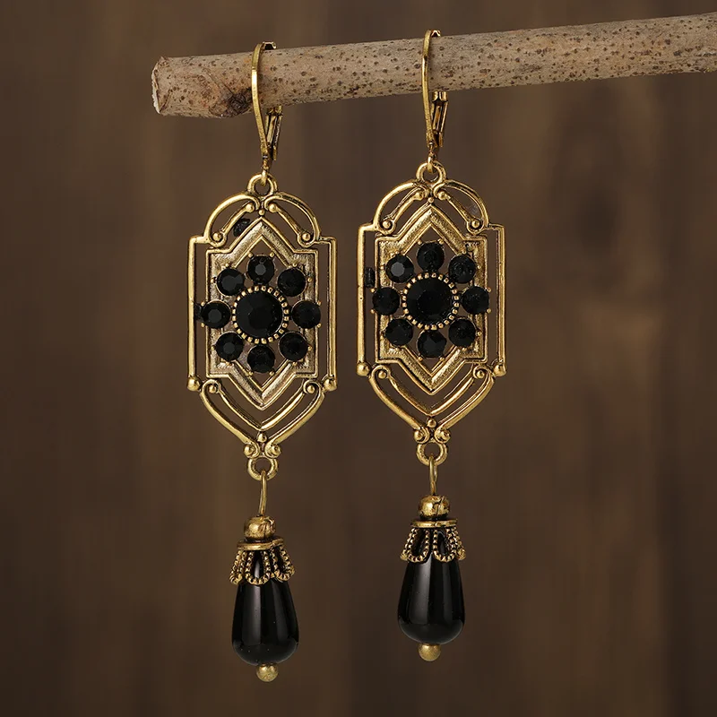Vintage Earrings with Black Crystals Hanging