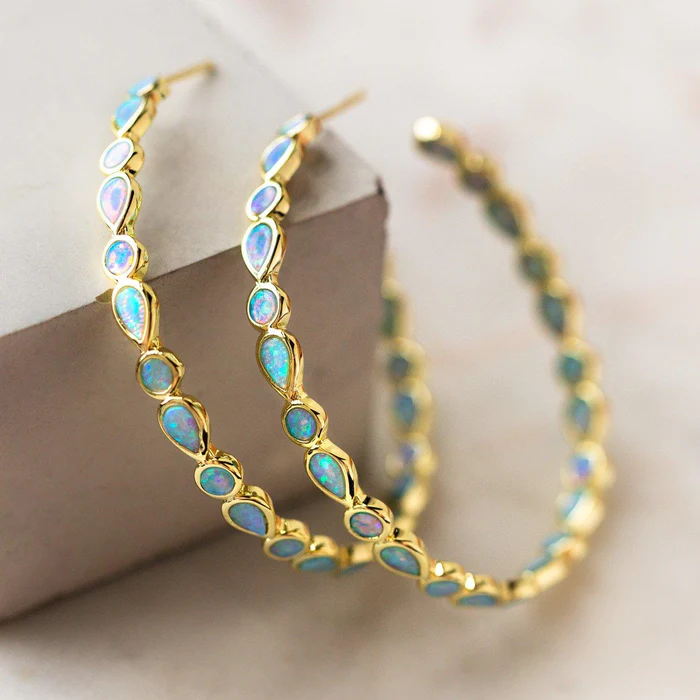Gold Circle Earrings with Vintage Blue Opal