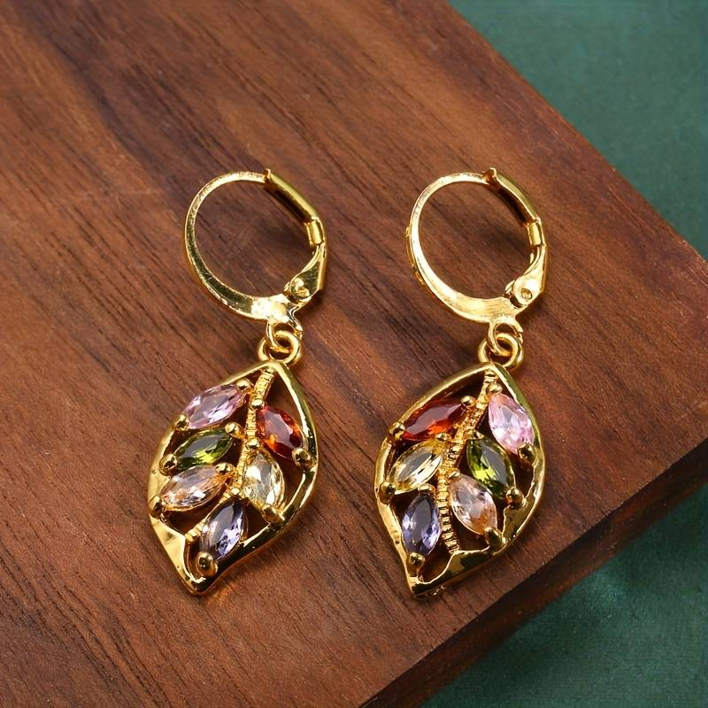 Vintage Gold Leaf Earrings with Coloured Zirconia