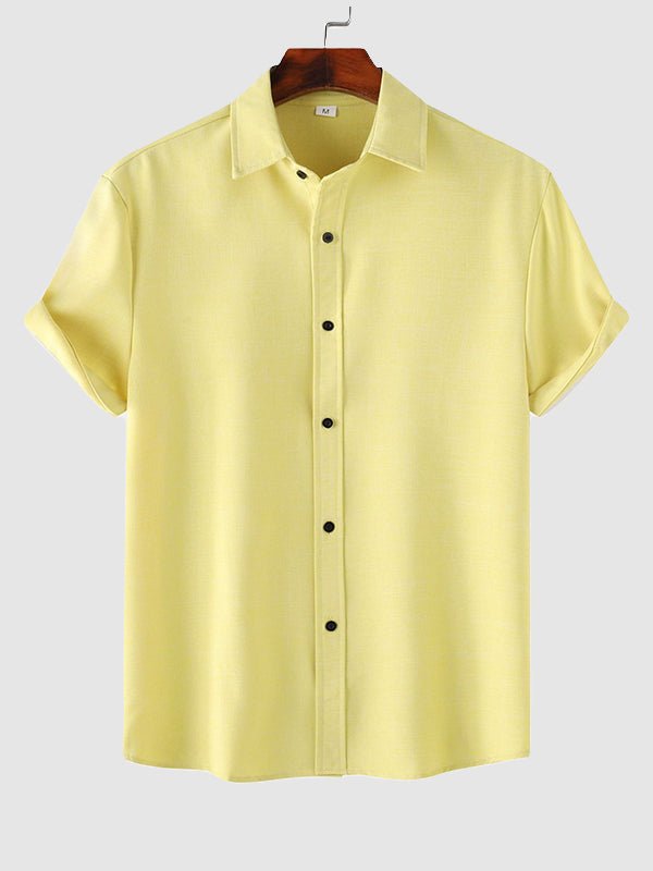 Men's solid color Cotton-linen button casual short-sleeved shirt