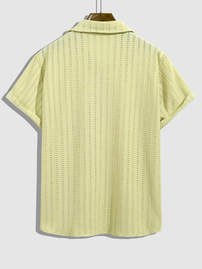 Men's solid color seersucker texture hollow lapel short-sleeved shirt